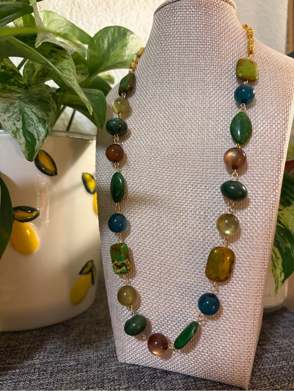 Handmade Green and Teal Glass Beaded Statement Necklace - Handmade